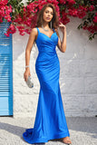 Mermaid Spaghetti Straps Blue Long Formal Dress with Open Back