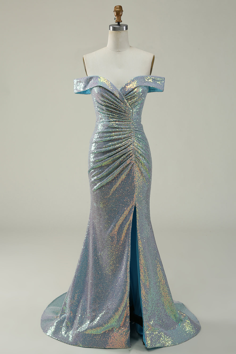 Mermaid Blue Sparkly Off the Shoulder Formal Dress With Slit