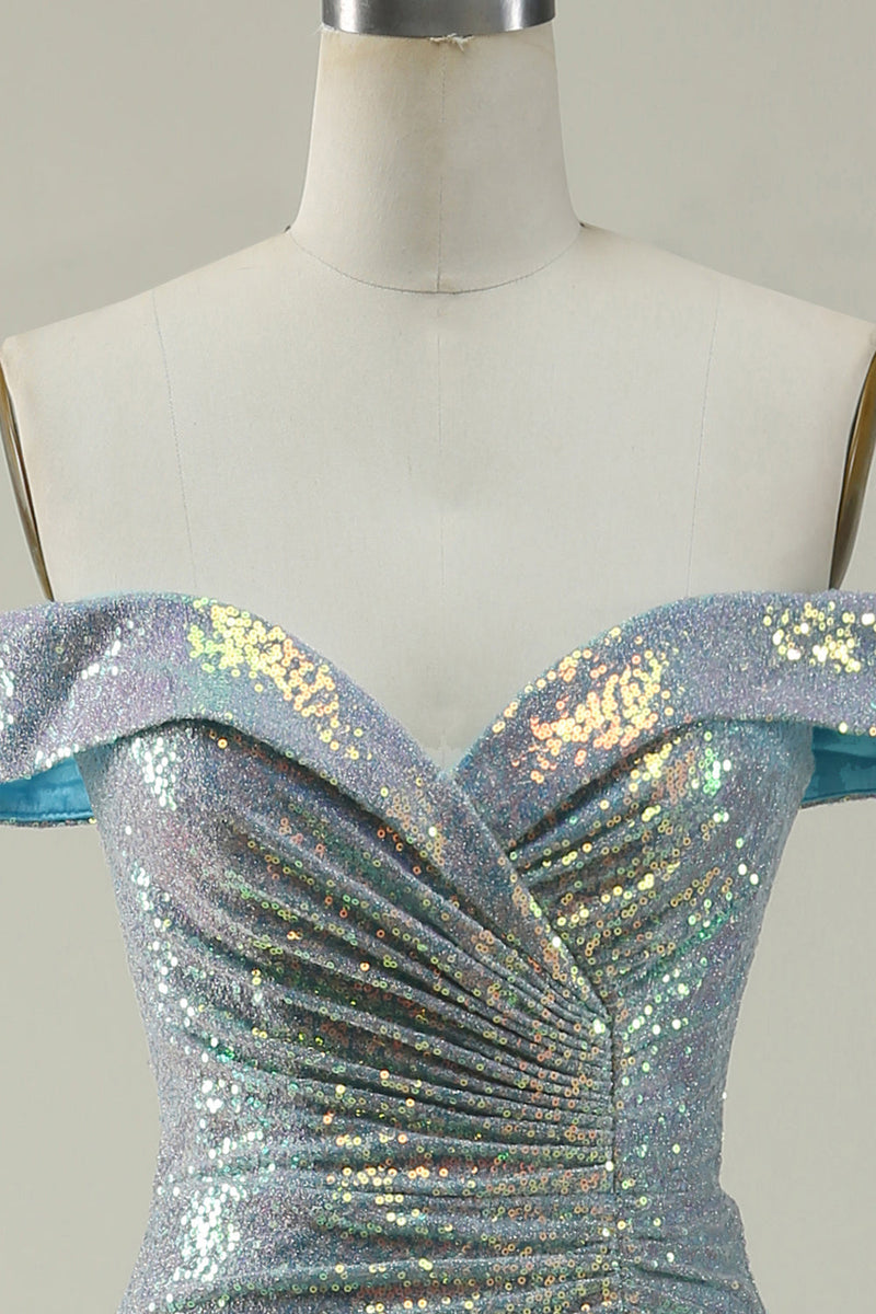 Load image into Gallery viewer, Mermaid Blue Sparkly Off the Shoulder Formal Dress With Slit