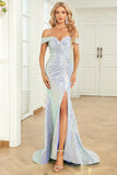 Mermaid Off the Shoulder Blue Sequins Long Formal Dress with Split Front