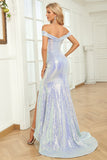 Mermaid Off the Shoulder Blue Sequins Long Formal Dress with Split Front