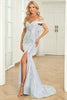 Load image into Gallery viewer, Mermaid Off the Shoulder Blue Sequins Long Formal Dress with Split Front
