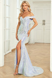 Mermaid Off the Shoulder Blue Sequins Long Formal Dress with Split Front