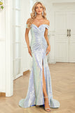 Mermaid Off the Shoulder Blue Sequins Long Formal Dress with Split Front