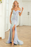 Mermaid Off the Shoulder Blue Sequins Long Formal Dress with Split Front