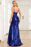 Mermaid Spaghetti Straps Navy Long Formal Dress with Split Front