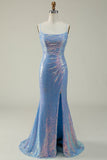 Blue Sequined Spaghetti Straps Mermaid Formal Dress