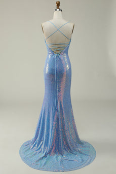 Blue Sequined Spaghetti Straps Mermaid Formal Dress
