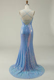 Blue Sequined Spaghetti Straps Mermaid Formal Dress