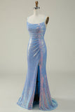 Blue Sequined Spaghetti Straps Mermaid Formal Dress