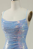 Blue Sequined Spaghetti Straps Mermaid Formal Dress