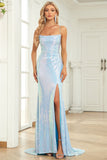 Mermaid Spaghetti Straps Blue Sequins Long Formal Dress with Split Front