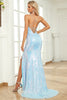 Load image into Gallery viewer, Mermaid Spaghetti Straps Blue Sequins Long Formal Dress with Split Front