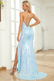 Mermaid Spaghetti Straps Blue Sequins Long Formal Dress with Split Front