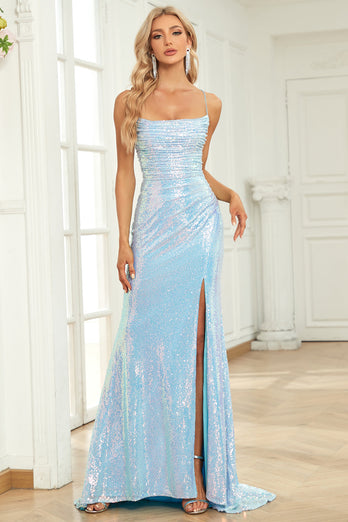 Mermaid Spaghetti Straps Blue Sequins Long Formal Dress with Split Front