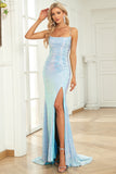 Mermaid Spaghetti Straps Blue Sequins Long Formal Dress with Split Front