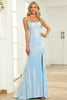 Load image into Gallery viewer, Mermaid Spaghetti Straps Blue Sequins Long Formal Dress with Split Front