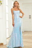 Mermaid Spaghetti Straps Blue Sequins Long Formal Dress with Split Front