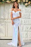 Mermaid Off the Shoulder White Sequins Long Formal Dress with Split Front