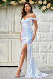 Mermaid Off the Shoulder White Sequins Long Formal Dress with Split Front