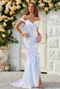 Load image into Gallery viewer, Mermaid Off the Shoulder White Sequins Long Formal Dress with Split Front