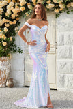 Mermaid Off the Shoulder White Sequins Long Formal Dress with Split Front