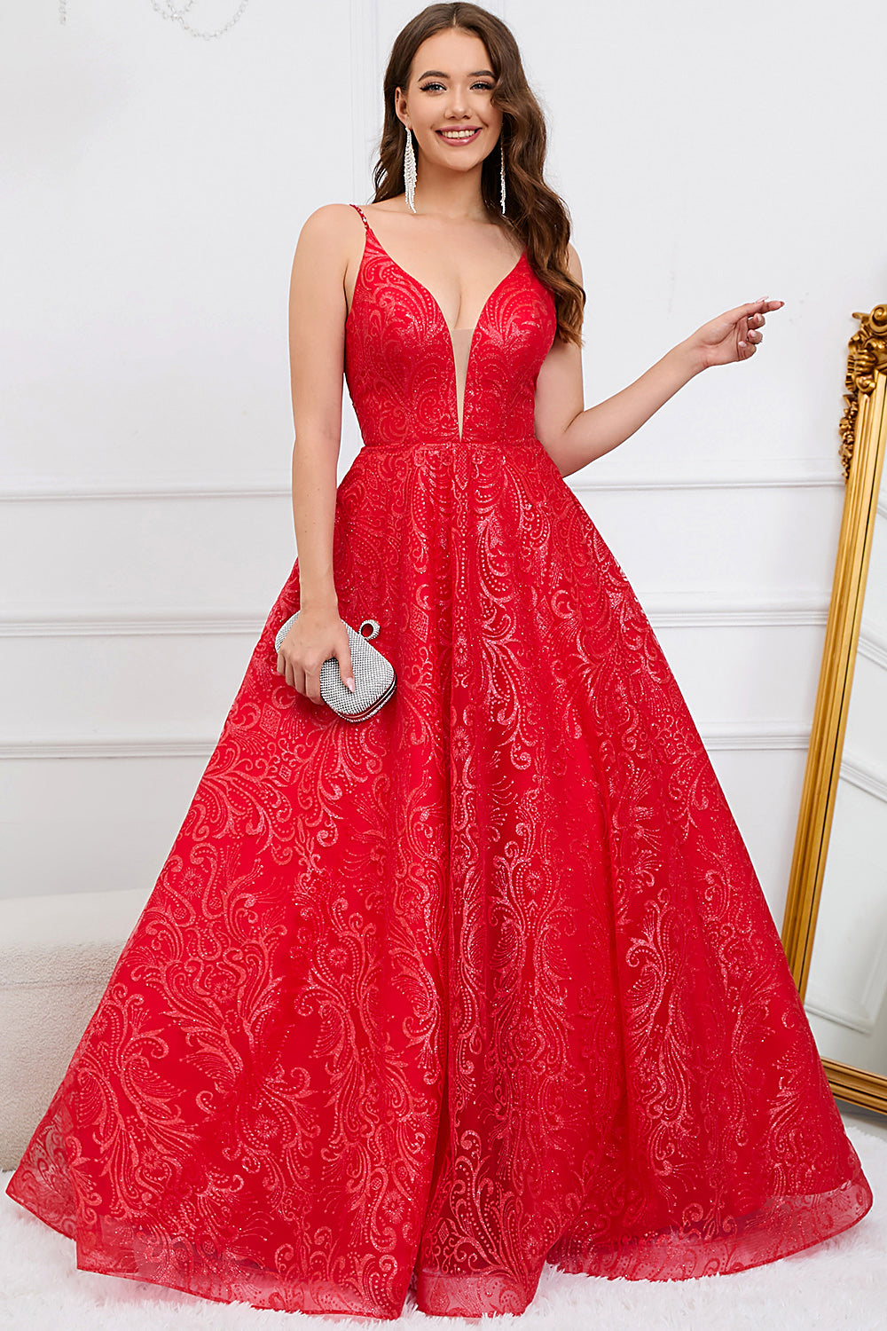 Sparkly Spaghetti Straps Red Long Formal Dress