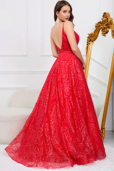 Sparkly Spaghetti Straps Red Long Formal Dress