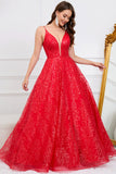 Sparkly Spaghetti Straps Red Long Formal Dress