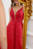 Sparkly Spaghetti Straps Red Long Formal Dress