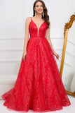 Sparkly Spaghetti Straps Red Long Formal Dress