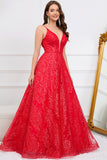 Sparkly Spaghetti Straps Red Long Formal Dress