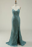 Mermaid Spaghetti Straps Green Long Formal Dress with Split Front