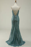 Mermaid Spaghetti Straps Green Long Formal Dress with Split Front