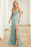 Mermaid Spaghetti Straps Green Long Formal Dress with Criss Cross Back