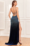 Navy Beading Spaghetti Straps Formal Dress with Slit