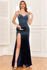Load image into Gallery viewer, Navy Beading Spaghetti Straps Formal Dress with Slit