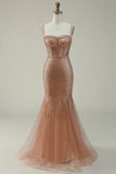 Mermaid Spaghetti Straps Blush Sequins Long Formal Dress