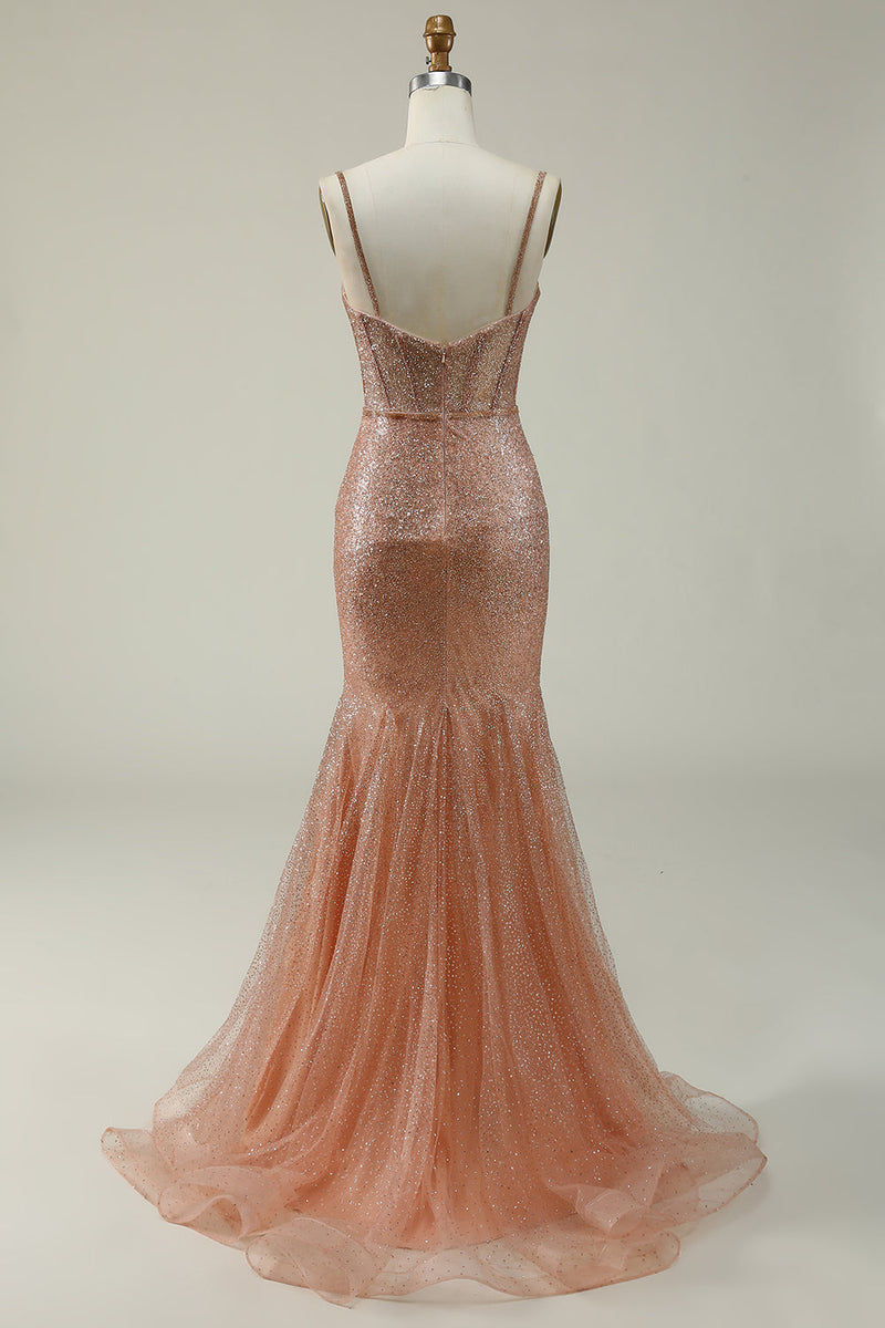 Load image into Gallery viewer, Mermaid Spaghetti Straps Blush Sequins Long Formal Dress