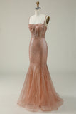 Mermaid Spaghetti Straps Blush Sequins Long Formal Dress