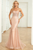 Mermaid Spaghetti Straps Blush Sequins Long Formal Dress with Train