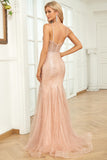 Mermaid Spaghetti Straps Blush Sequins Long Formal Dress with Train