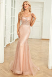 Mermaid Spaghetti Straps Blush Sequins Long Formal Dress with Train