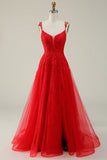 A Line Spaghetti Straps Red Long Formal Dress with Appliques