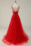 A Line Spaghetti Straps Red Long Formal Dress with Appliques