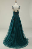 A Line Spaghetti Straps Dark Green Long Formal Dress with Appliques