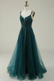 A Line Spaghetti Straps Dark Green Long Formal Dress with Appliques