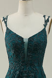 A Line Spaghetti Straps Dark Green Long Formal Dress with Appliques