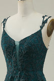 A Line Spaghetti Straps Dark Green Long Formal Dress with Appliques