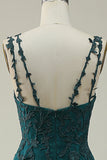 A Line Spaghetti Straps Dark Green Long Formal Dress with Appliques